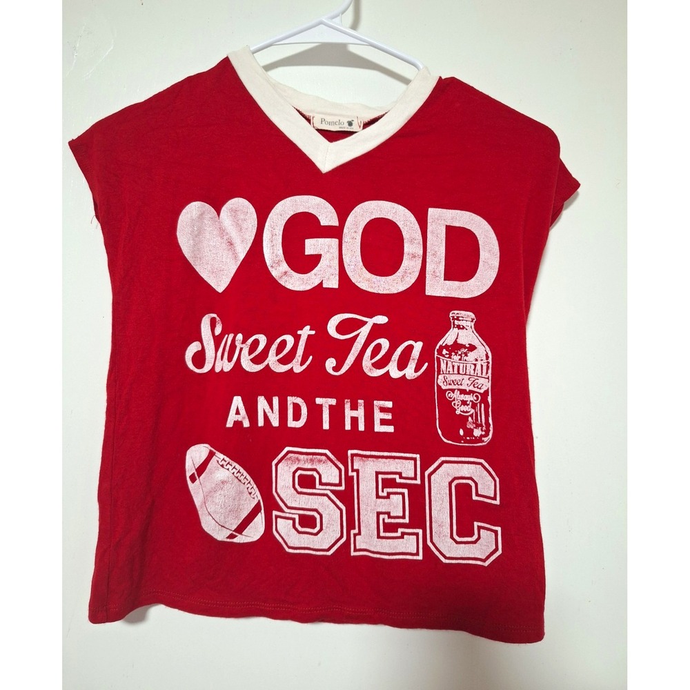 Pomelo Womens XS Top God Sweet Tea SEC Football Cap Sleeve Red Shirt